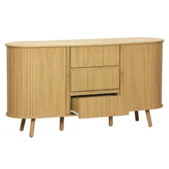 Buffet scandinave ovale 2 portes coulissantes. 4 compartiments. 3 tiroirs. effet bois rainuré. teinte naturelle. L 150 x P 40 x H 79cm