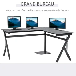 Bureau d'angle informatique design contemporain 155L x 130l x 76H cm MDF acier noir