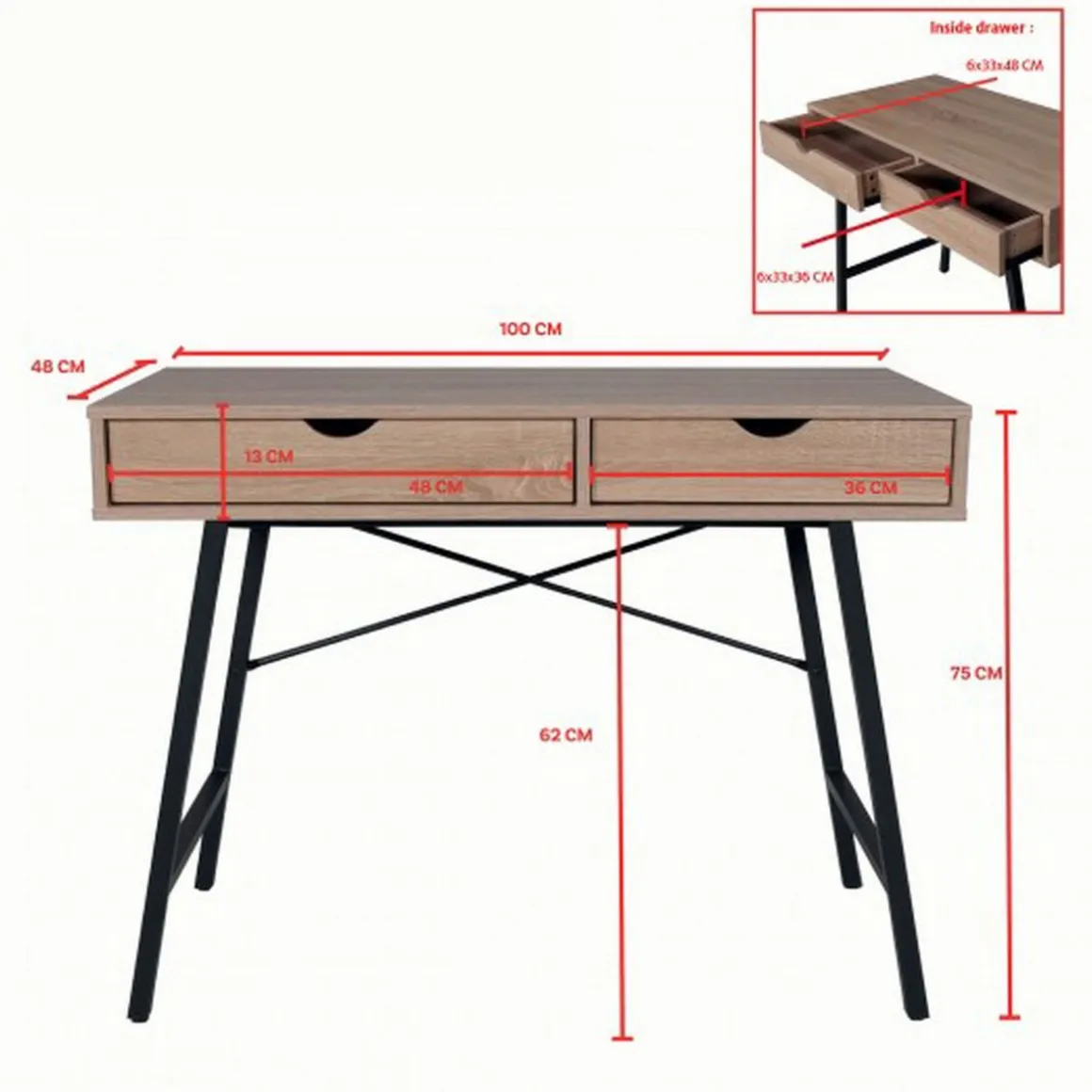 Bureau droit 2 tiroirs L100cm BROOKLINE