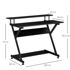 Bureau informatique gamer avec étagères dim. 100L x 60l x 85,5H cm MDF métal noir