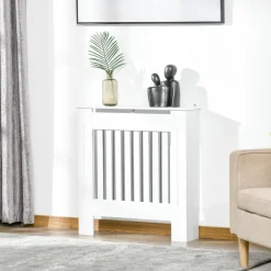 Cache-radiateur design panneau - grille d'aération verticale à lattes - dim. 78L x 19l x 81H cm - MDF blanc