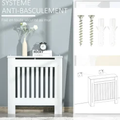 Cache-radiateur design panneau - grille d'aération verticale à lattes - dim. 78L x 19l x 81H cm - MDF blanc