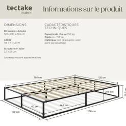 Cadre de lit en acier KYOTO avec sommier à lattes, 250 kg