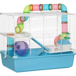Cage à hamsters 3 niveaux - tunnel, abreuvoir, roue, maisonnette, échelles - dim. 59L x 36l x 47H cm - métal PP bleu blanc