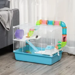 Cage à hamsters 3 niveaux - tunnel, abreuvoir, roue, maisonnette, échelles - dim. 59L x 36l x 47H cm - métal PP bleu blanc