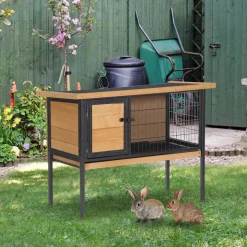 Cage à lapin clapier sur pied - toit ouvrable - dim. 91,5L x 45l x 70H cm - métal époxy bois pré-huilé