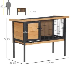 Cage à lapin clapier sur pied - toit ouvrable - dim. 91,5L x 45l x 70H cm - métal époxy bois pré-huilé