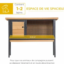 Cage à lapin clapier sur pied - toit ouvrable - dim. 91,5L x 45l x 70H cm - métal époxy bois pré-huilé