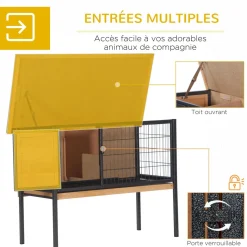 Cage à lapin clapier sur pied - toit ouvrable - dim. 91,5L x 45l x 70H cm - métal époxy bois pré-huilé