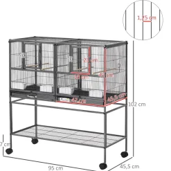 Cage à oiseaux avec séparation mangeoire et perchoir 95L x 45l x 102H cm Noir et Gris
