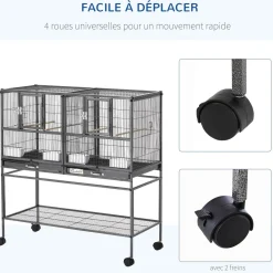 Cage à oiseaux avec séparation mangeoire et perchoir 95L x 45l x 102H cm Noir et Gris