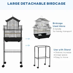 Cage à oiseaux design maison mangeoires perchoirs 3 portes plateau excrément amovible noir