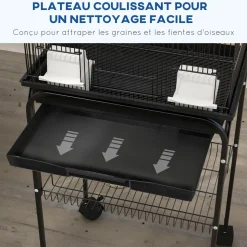 Cage à oiseaux design maison mangeoires perchoirs 3 portes plateau excrément amovible noir