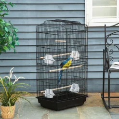 Cage à oiseaux volière avec mangeoires perchoirs plateau amovible dim. 46,5L x 35,5l x 92H cm métal PS noir