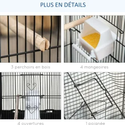 Cage à oiseaux volière avec mangeoires perchoirs plateau amovible dim. 46,5L x 35,5l x 92H cm métal PS noir