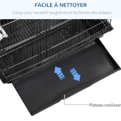 Cage à oiseaux volière avec mangeoires perchoirs plateau amovible dim. 46,5L x 35,5l x 92H cm métal PS noir