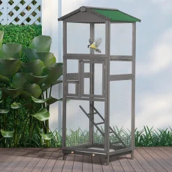 Cage à oiseaux volière grande taille 2 portes toit asphalte tiroir amovible bois gris