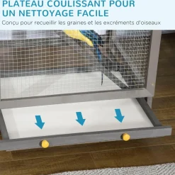 Cage à oiseaux volière grande taille 2 portes toit asphalte tiroir amovible bois gris