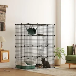 Cage chat intérieur - parc chat DIY - 4 niv. 5 portes hamac plateformes rampes - acier noir