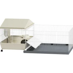 Cage cochon d'inde rongeur parc amovible tapis imperméable balcon bol rampe 4 roulettes acier PP gris beige