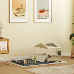 Cage cochon d'inde rongeur parc amovible tapis imperméable balcon bol rampe 4 roulettes acier PP gris beige