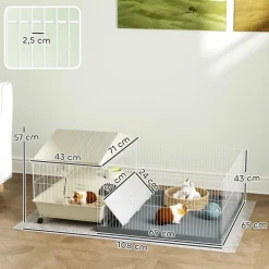 Cage cochon d'inde rongeur parc amovible tapis imperméable balcon bol rampe 4 roulettes acier PP gris beige