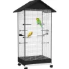 Cage oiseau sur roulettes - grande volière - plateau dejection amovible, mangeoires, perchoirs, portes - blanc noir
