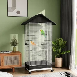 Cage oiseau sur roulettes - grande volière - plateau dejection amovible, mangeoires, perchoirs, portes - blanc noir