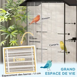 Cage oiseau sur roulettes - grande volière - plateau dejection amovible, mangeoires, perchoirs, portes - blanc noir