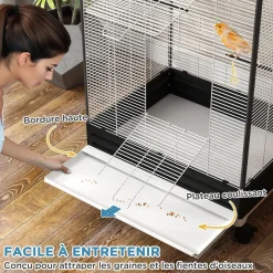Cage oiseau sur roulettes - grande volière - plateau dejection amovible, mangeoires, perchoirs, portes - blanc noir