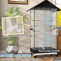 Cage oiseau sur roulettes - grande volière - plateau dejection amovible, mangeoires, perchoirs, portes - blanc noir