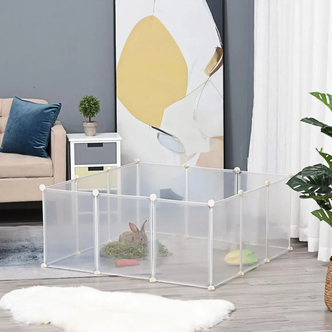 Cage parc enclos modulable petits animaux - dim. 105L x 105l x 45H cm - 12 panneaux résine PP opaque