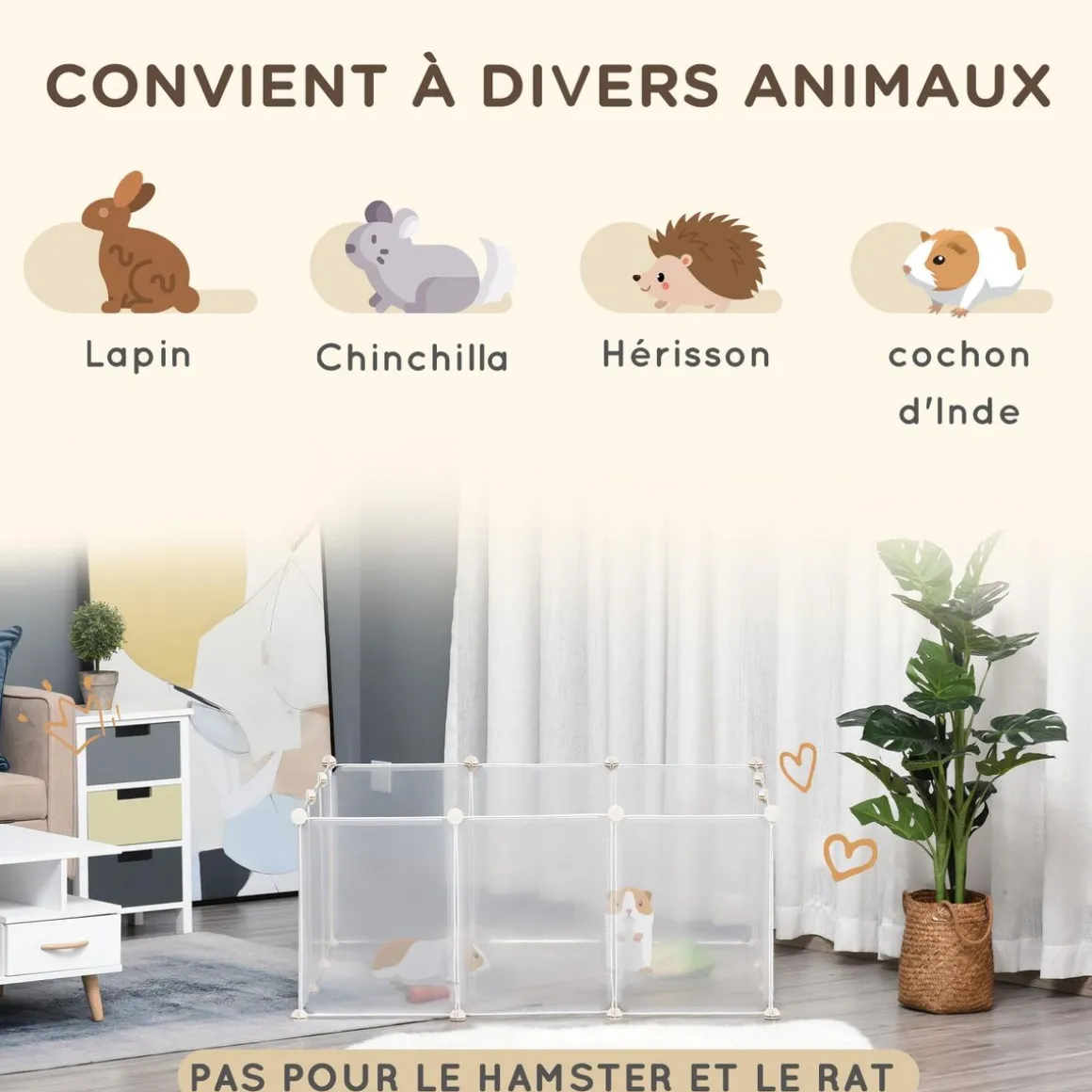Cage parc enclos modulable petits animaux - dim. 105L x 105l x 45H cm - 12 panneaux résine PP opaque