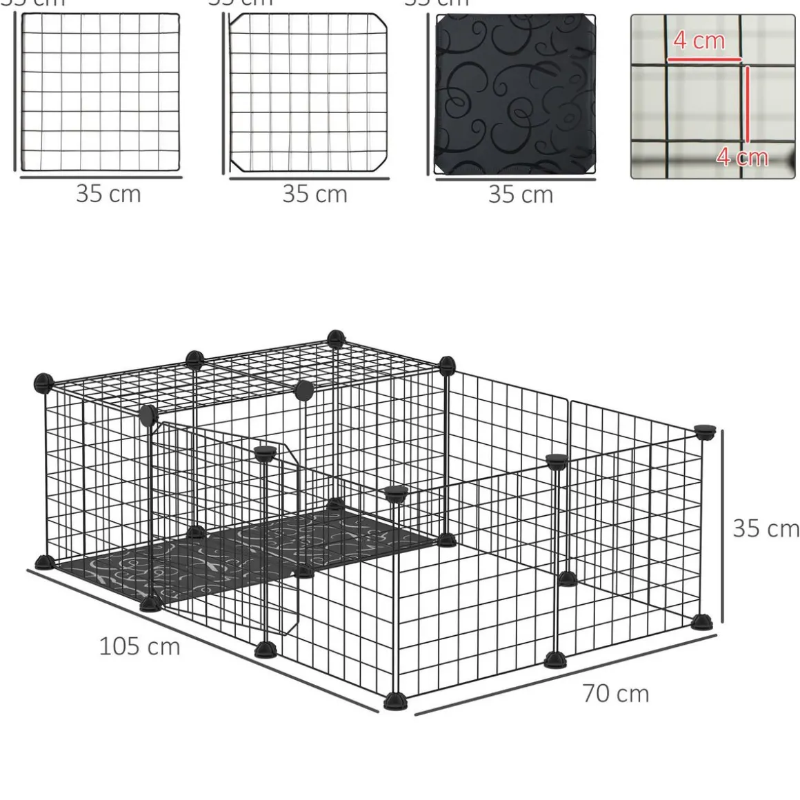 Cage parc enclos rongeurs modulable dim. L 105 x l 70 x H 35 cm résine PP fil métallique noir
