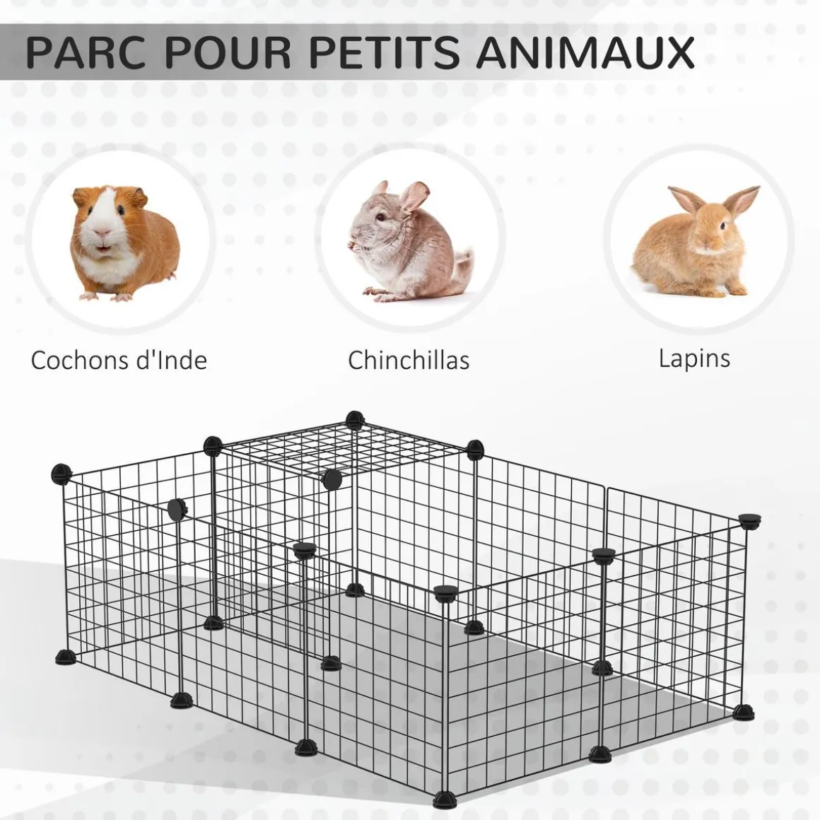 Cage parc enclos rongeurs modulable dim. L 105 x l 70 x H 35 cm résine PP fil métallique noir