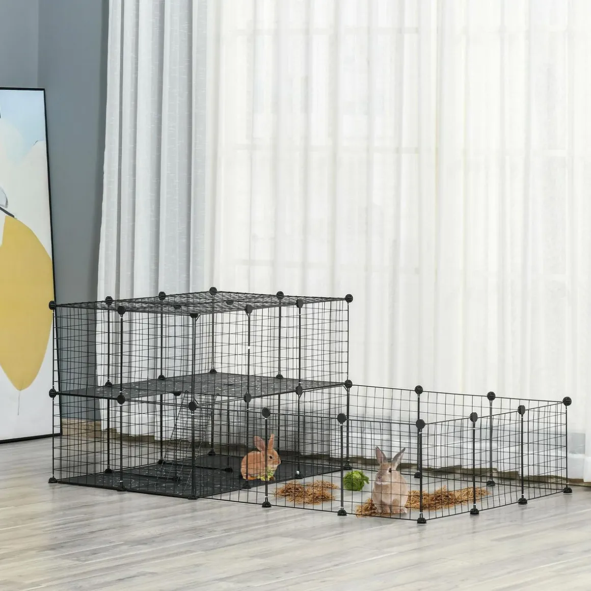 Cage parc enclos rongeurs modulable dim. L 175 x l 105 x H 70 cm 2 niveaux 2 portes rampe résine PP fil métallique noir