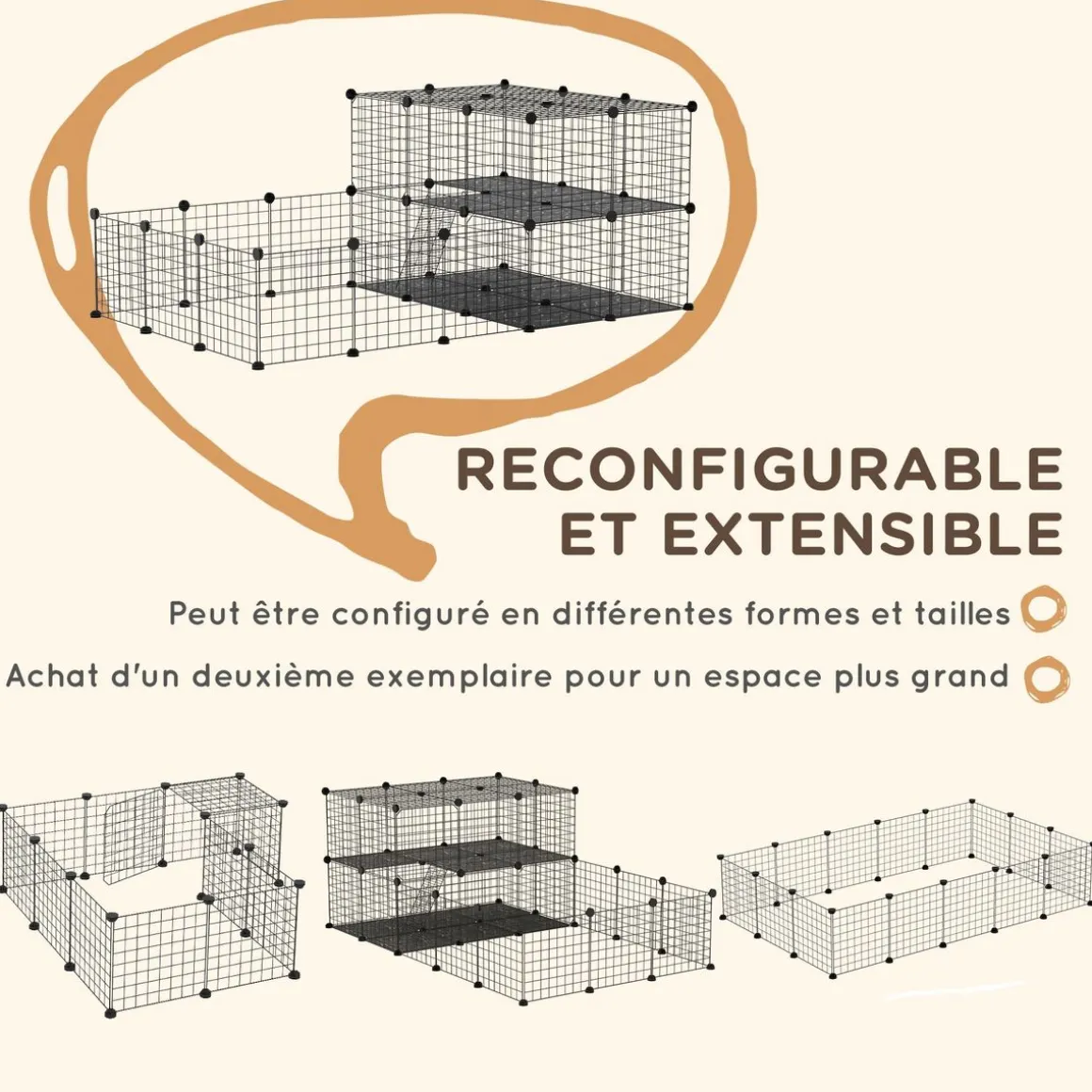 Cage parc enclos rongeurs modulable dim. L 175 x l 105 x H 70 cm 2 niveaux 2 portes rampe résine PP fil métallique noir