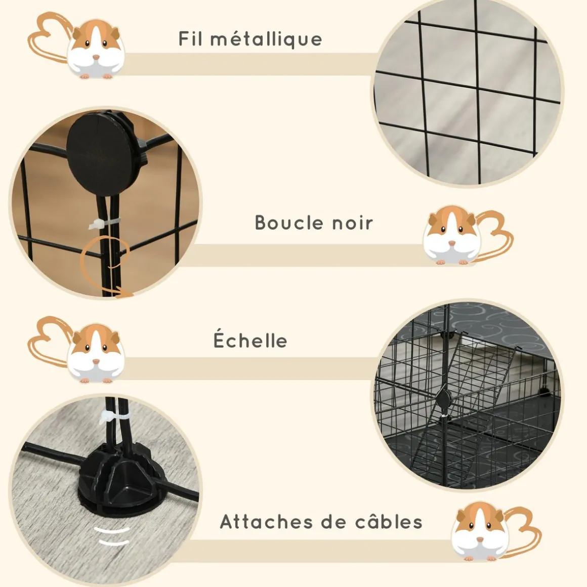 Cage parc enclos rongeurs modulable dim. L 175 x l 105 x H 70 cm 2 niveaux 2 portes rampe résine PP fil métallique noir