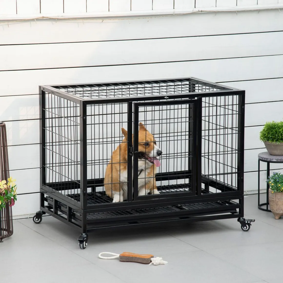 Cage pour chien animaux cage de transport sur roulettes 2 portes noir