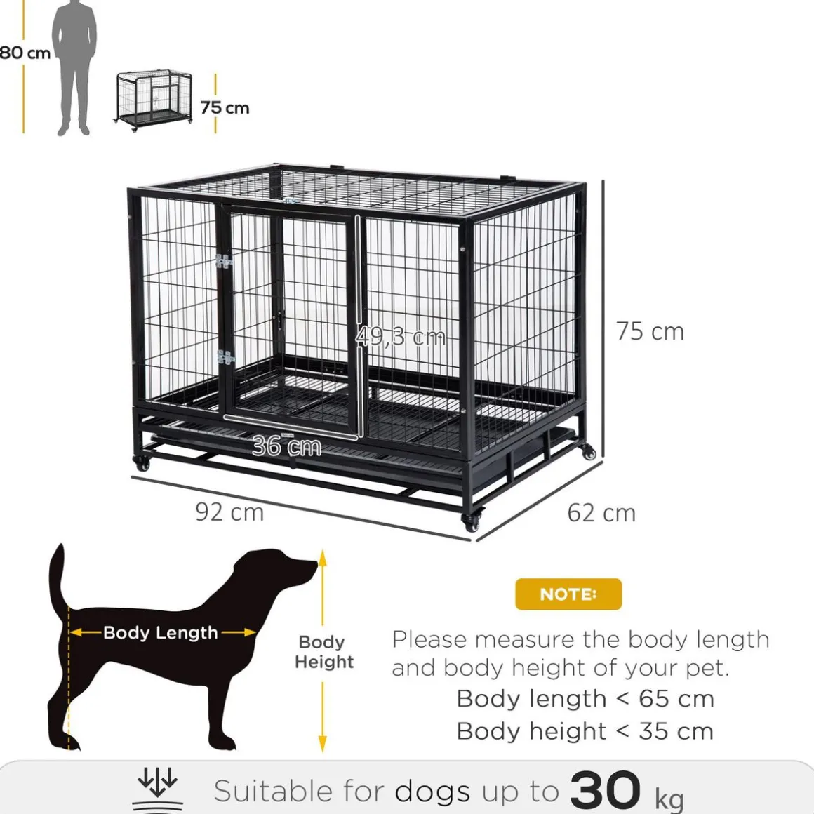 Cage pour chien animaux cage de transport sur roulettes 2 portes noir
