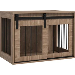 Cage pour chien animaux style indisutriel - porte coulissante verrouillable - acier noir panneaux aspect bois