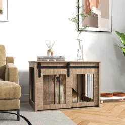 Cage pour chien animaux style indisutriel - porte coulissante verrouillable - acier noir panneaux aspect bois