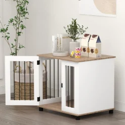 Cage pour chien animaux sur pied - porte verrouillable - acier noir panneaux blanc chêne clair