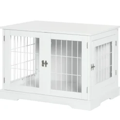Cage pour chien animaux table d'appoint 2 en 1 - 2 portes verrouillables - dim. 76L x 54,5l x 56H cm - MDF acier blanc