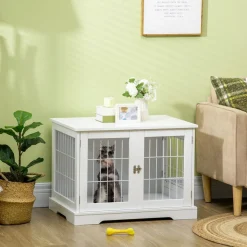 Cage pour chien animaux table d'appoint 2 en 1 - 2 portes verrouillables - dim. 76L x 54,5l x 56H cm - MDF acier blanc