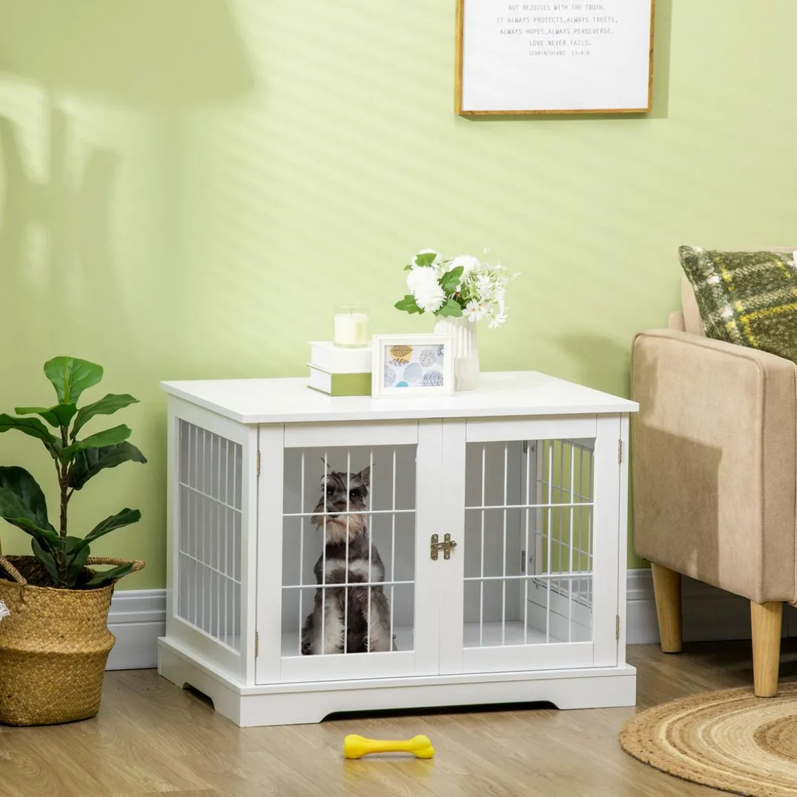 Cage pour chien animaux table d'appoint 2 en 1 - 2 portes verrouillables - dim. 76L x 54,5l x 56H cm - MDF acier blanc