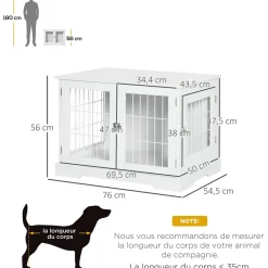 Cage pour chien animaux table d'appoint 2 en 1 - 2 portes verrouillables - dim. 76L x 54,5l x 56H cm - MDF acier blanc