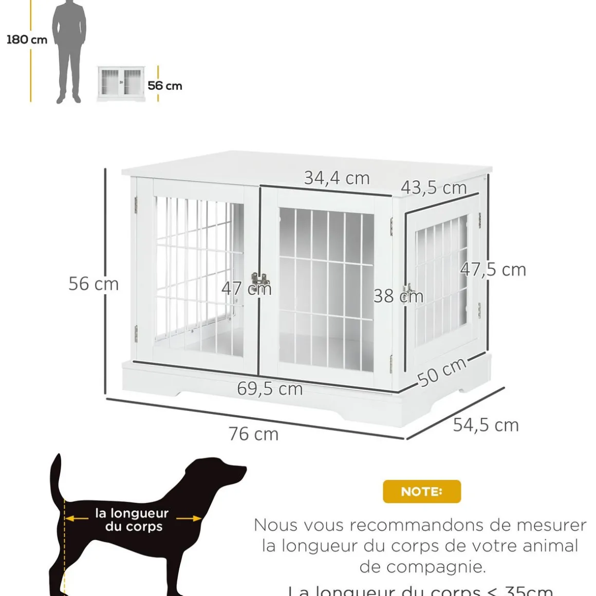 Cage pour chien animaux table d'appoint 2 en 1 - 2 portes verrouillables - dim. 76L x 54,5l x 56H cm - MDF acier blanc