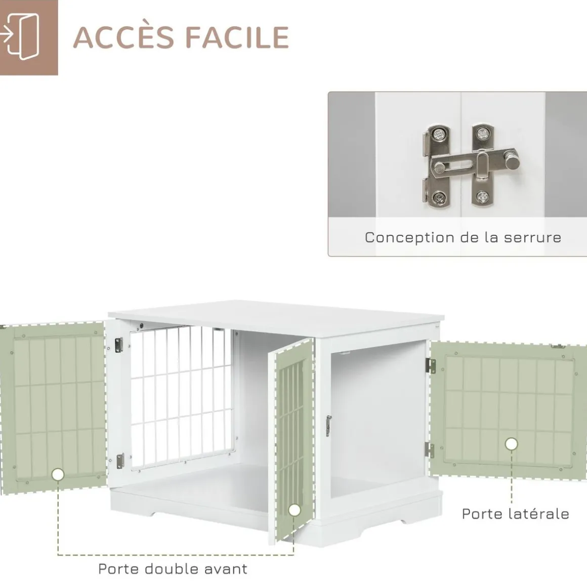 Cage pour chien animaux table d'appoint 2 en 1 - 2 portes verrouillables - dim. 76L x 54,5l x 56H cm - MDF acier blanc