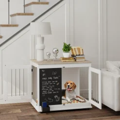 Cage pour chien intérieur - cage d'intérieur design - 2 portes - tableau noir pour craie - barreaux acier